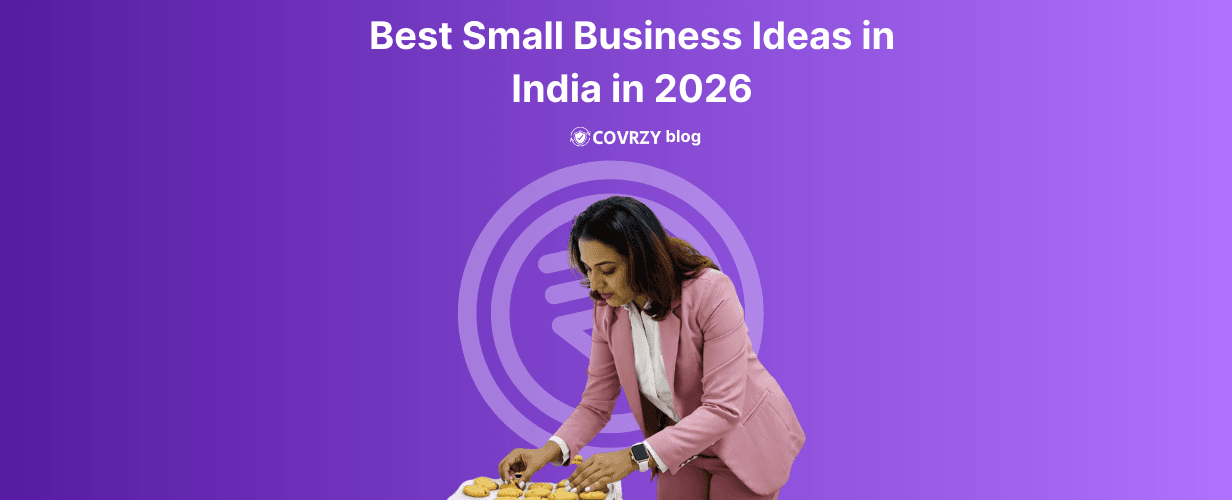 A woman in a pink suit arranging a tray of cookies, while a text "Best Small Busines Ideas in India in 2026" written behind her in a violet background