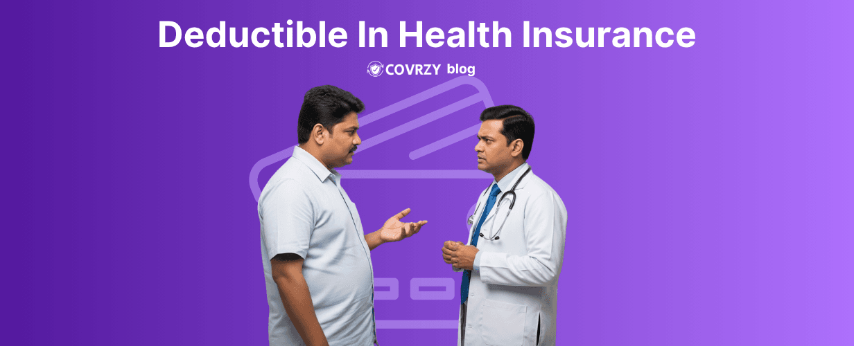 an Indian male person wearing a light blue formal half-sleeve shirt talking with a doctor, the background is a violet background that has the text "Deductible In Health Insurance"
