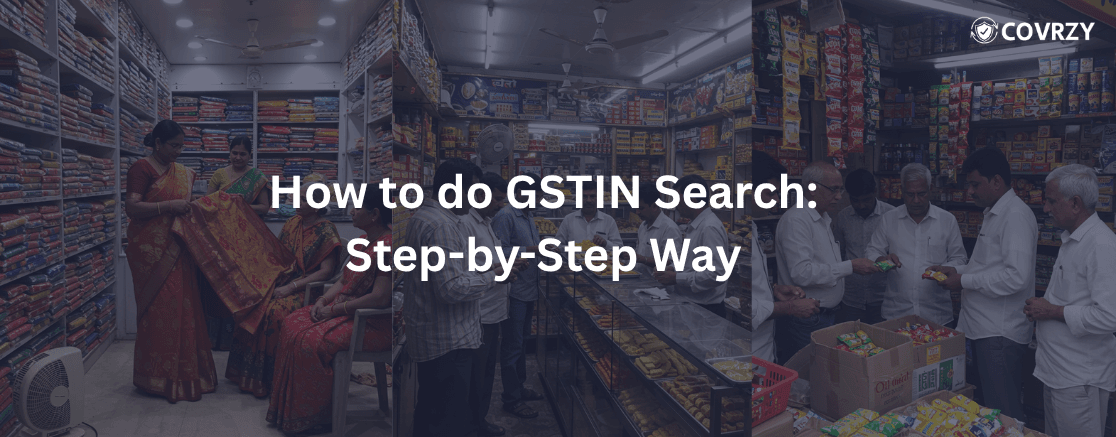 A text named How to do GSTIN Search: Step-by-step Way with a background of various Indian shops