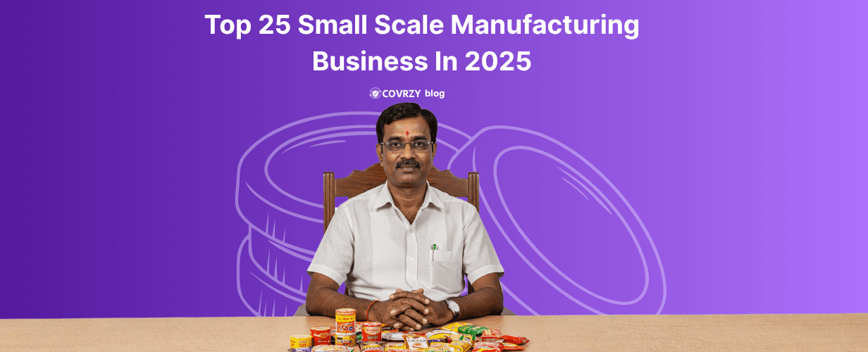 An Indian male sitting with few daily use products set on a table infront of him, while his background has the text - Top 25 small scale manufacturing business in 2025