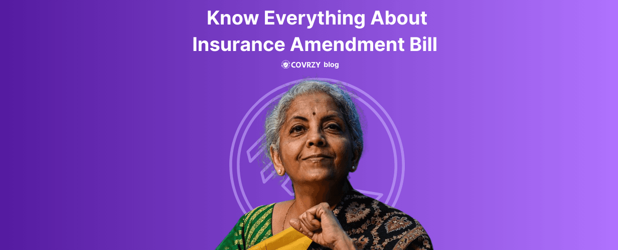 India's finance minister Nirmala Sitharaman is seen with a violet background, the text Know Everything About Insurance Amendment Bill is written behind her