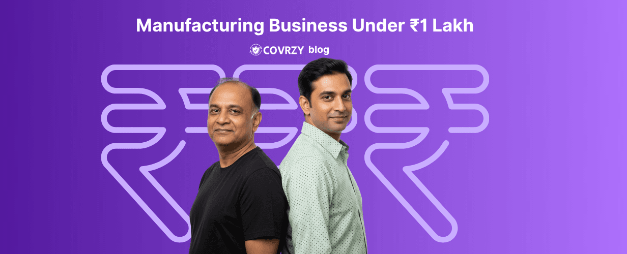 two Indian men standing with their back against each other, one is wearing a light green shirt while other wearing a black t-shirt. Behind them is written Manufacturing business under ₹1 lakh