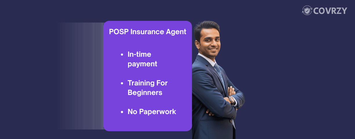 A man wearing a formal suit leaning a violet block explaining the benefits of becoming a POSP insurance agent