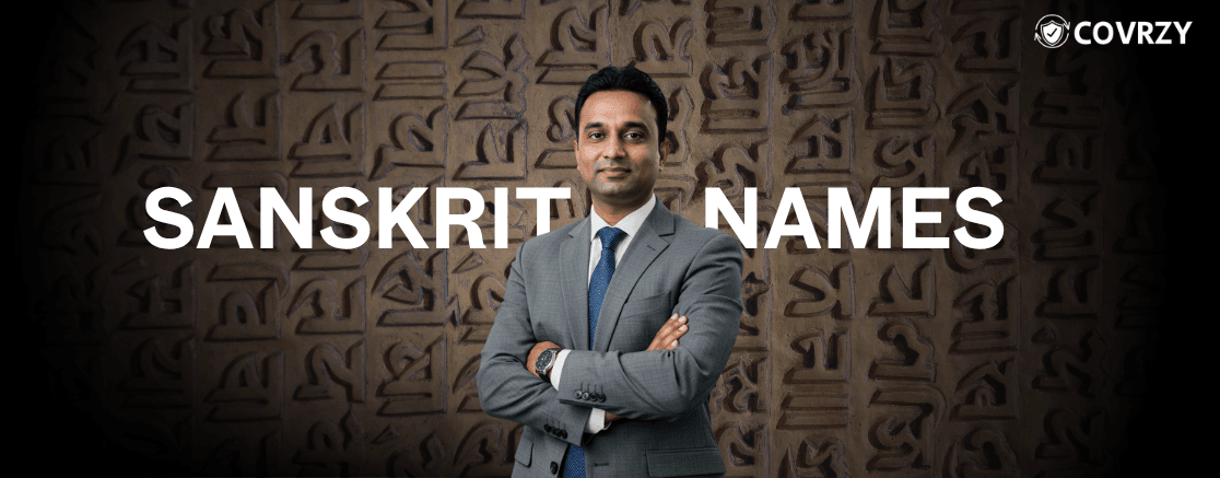 A businessman with a grey suit and a blue tie standing arms crossed, with Sanskrit Names written on his background. The background is a overlay of Sanskrit letters