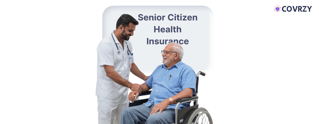 An Indian male nurse assisting a senior citizen in a wheelchair with senior citizen health insurance written in background