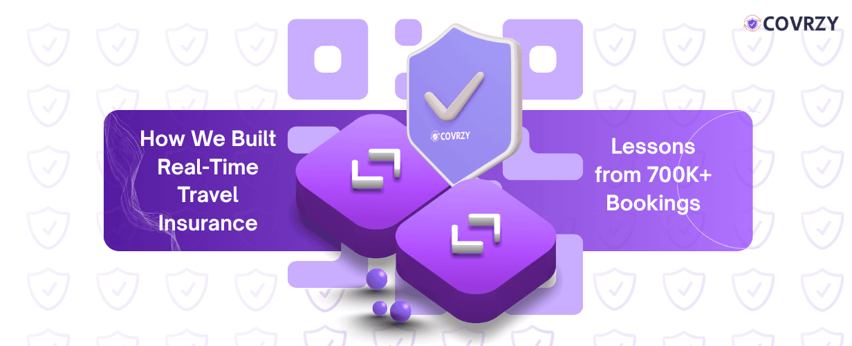 Two 3D code blocks with a 3D Insurance guard symbol with the brand name Covrzy on it. A violet banner underlying this, carrying the text "How We Built Real-Time Travel Insurance" written on it. Few violet balls lying below the banner