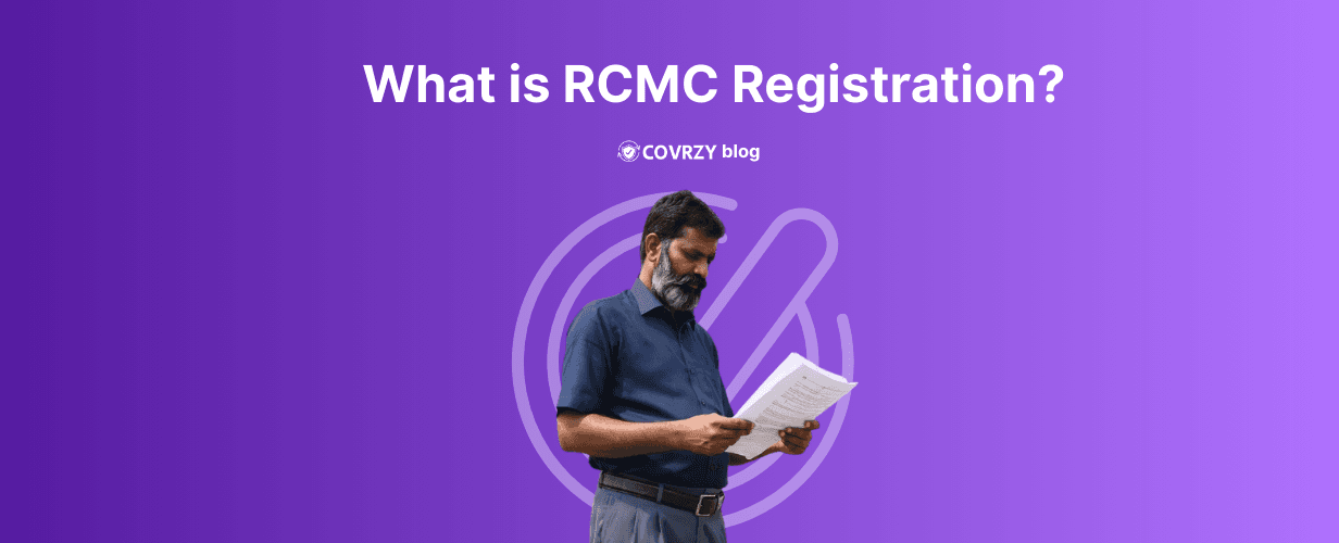 A man wearing a blue shirt and grey trouser is reading a document. The background is a violet space where "What is RCMC Registration" written